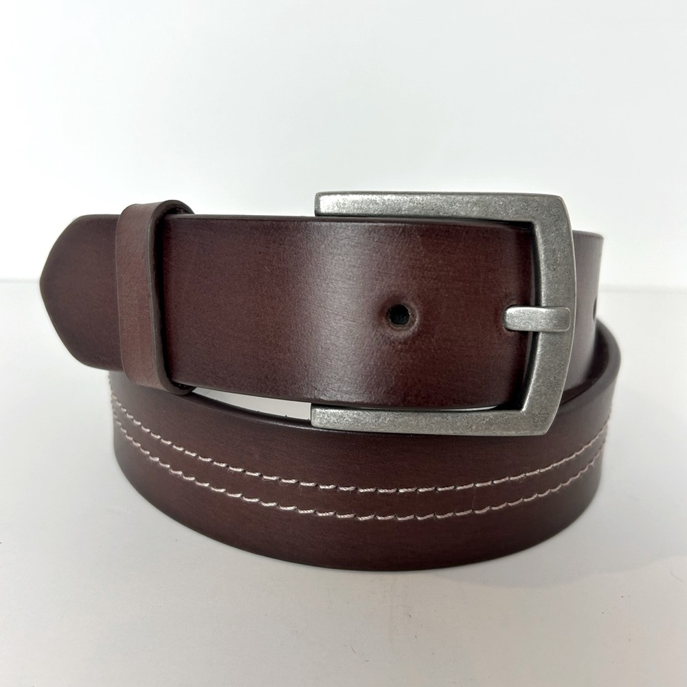Transit Leather Brown White Stitch Silver Tone Buckle Leather Jean Belt 34 NWT